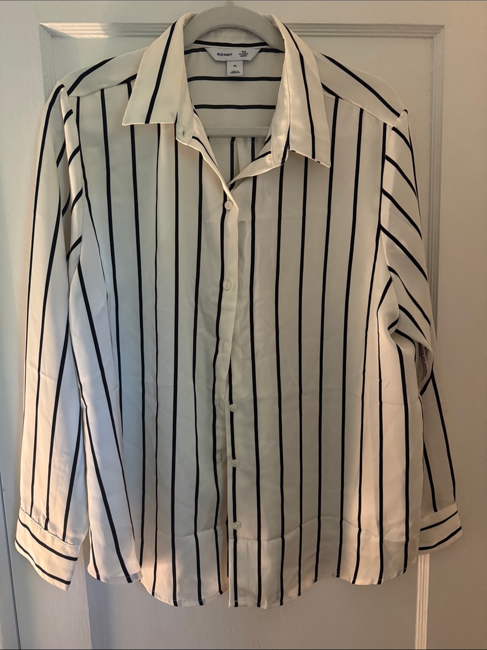 Old Navy White Button-Down Shirt with Black Vertical Stripes
